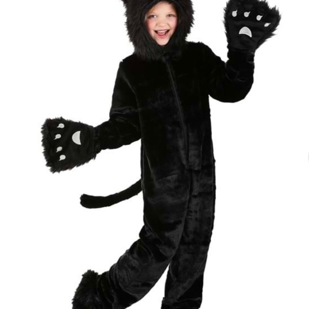 Black Cat Halloween Costume with Plush Texture and Paw Gloves